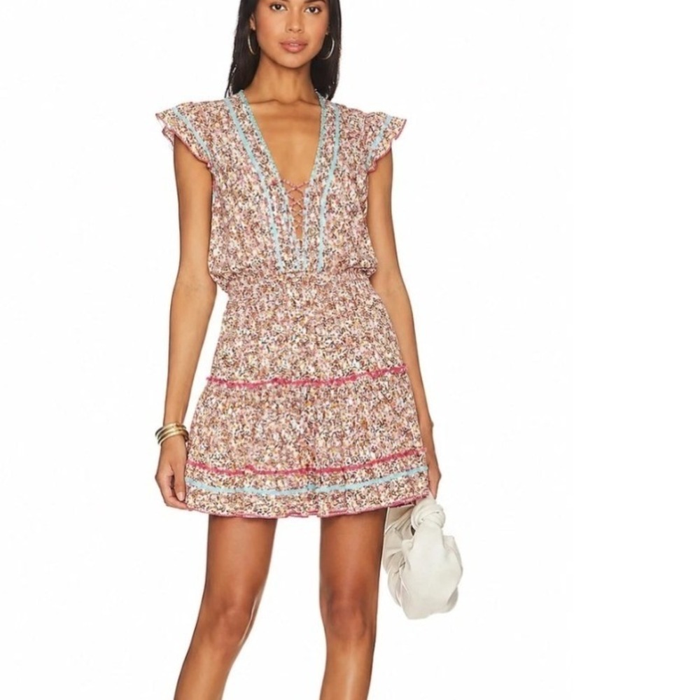 Poupette St Barth Anais V Mini Dress‎ Sky Paquerette Floral Viscose Boho XS NEW